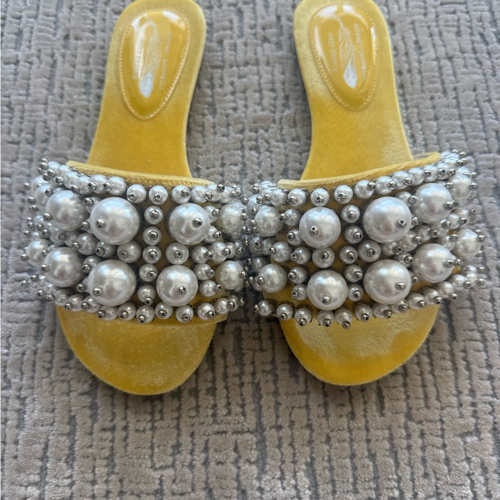 Jeffrey Campbell Yellow Velvet Slide Sandals with Pearl Embellishments
